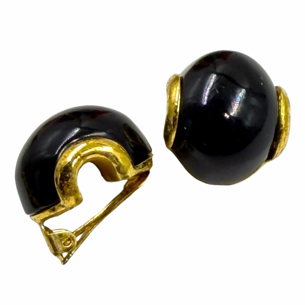 VTG 80s Replica Made In Italy Chunky Gold Black Lucite Clip On Earrings